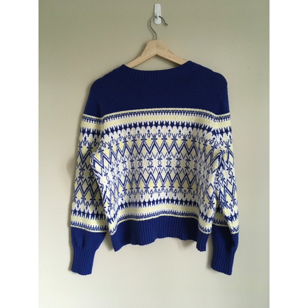 Loft Womens Blue White Yellow Fair Isle Geometric Knit Crew Neck Sweater Large - Picture 2 of 6